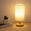 Small Bedside Table Lamp for Bedroom, Minimalist Wood Base & Round Fabric Shade, Mini Cute Cozy Warm White Nightstand Boho Lamp, Study Desk Night Stand Light for Room, Dorm, Nursery, Living Room (Cylinder - Set of 1)