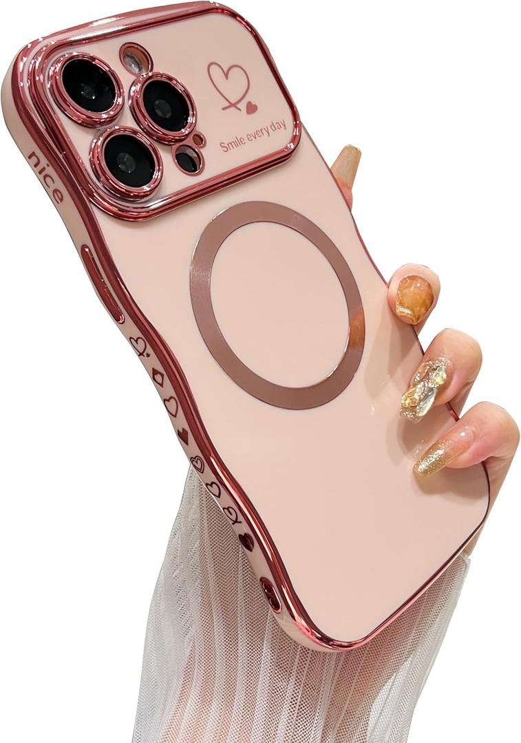 DEFBSC Magnetic Case for iPhone 13 Pro Max Work with Magsafe, Curly Wave Shape Plating Frame Cute Love Heart Cover, Full Camera Lens Protection Soft Durable TPU Shockproof Case, Pink