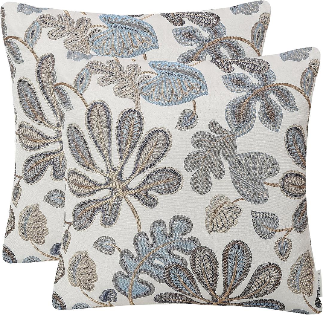 Mika Home Set of 2 Jacquard Tropical Leaf Pattern Throw Pillow Covers Decorative Pillowcase 20 X 20 Inches, Blue Cream