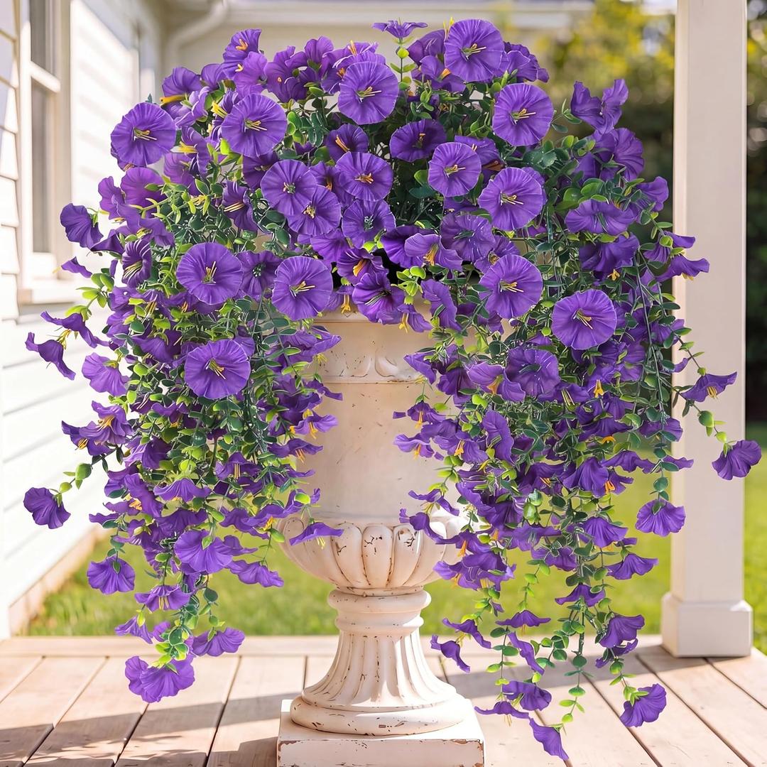 Sggvecsy Artificial Fake Hanging Flowers Plants for Outdoor Outside Spring Summer Decoration 2PCS Faux Silk UV Resistant Realistic Morning Glory with Eucalyptus for Home Porch Patio Balcony(Purple)