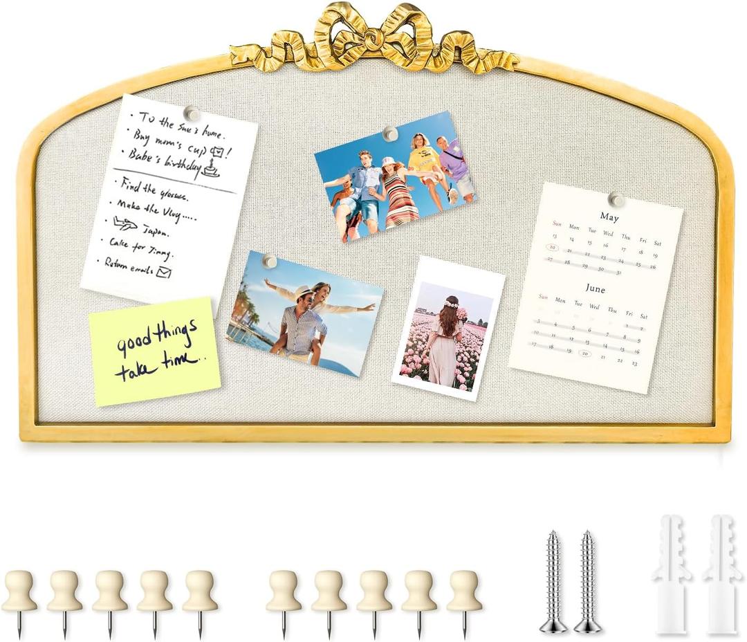 Vintage Arched Linen Cork Bulletin Board with Gold Bow 24"x 15" Elegant Decorative Pin Board for Walls, Metal Frame Vision Board for Notes, Photos, Inspiration, Chic Home Office Decor for Women