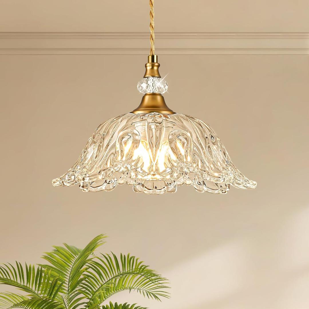 1 Piece Vintage Chandelier Light Fixtures with Crystal Glass Shade,Matte Brass Finish Pendant Light for Kitchen Island, Hanging Light Fixture for Dining Room, Hallway, Living Room, Bedroom