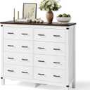 LINSY HOME Farmhouse 8 Drawer Double Dresser for Bedroom, 50 Wide Rustic Wood Chest with Deep Drawers, Modern Dressers with Storage and Metal Handles for Closet, Living Room, Hallway, Off White (15.7"D x 49.6"W x 43.3"H (8 Drawers))
