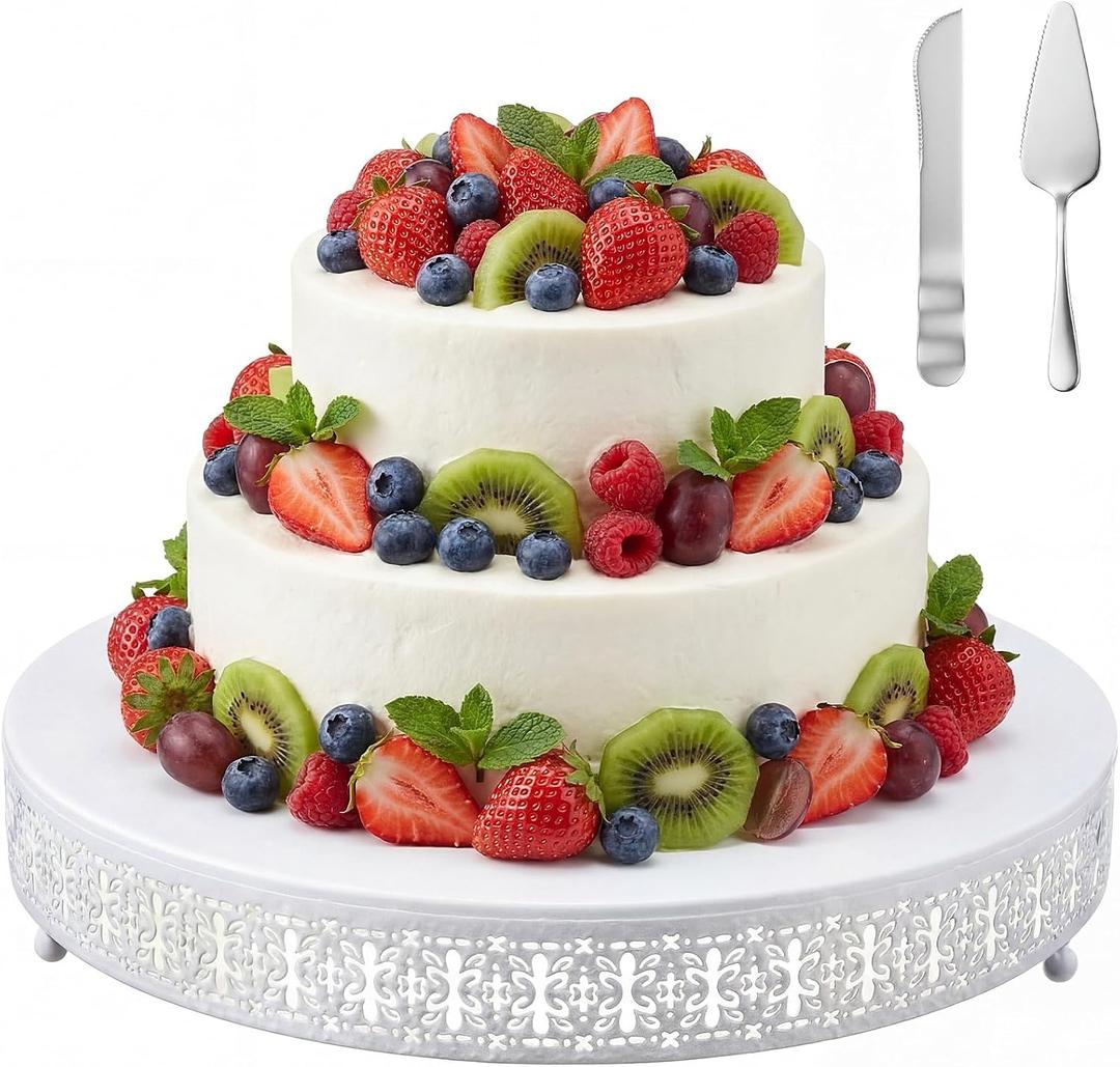 Wenqik White Cake Stand 18 Inch Metal Round Cupcake Dessert Wedding Cake Stand with Cutting & Spatula Cookies Display Holder Fruit Serving Tray for Table Wedding Birthday Anniversary Party