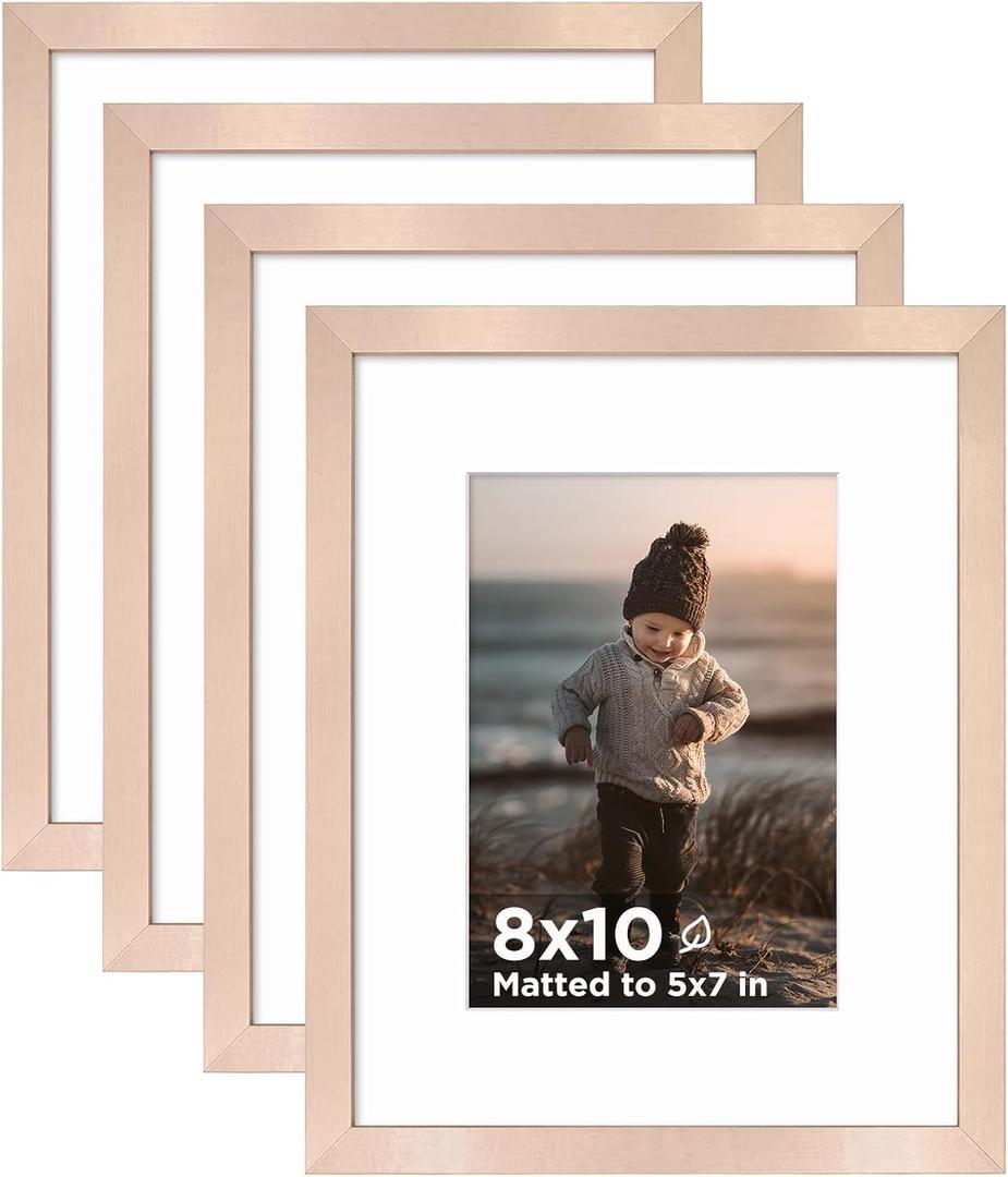 KINLINK 8x10 Picture Frame Rose Gold Set of 4, Wooden Photo Frames Matted 5x7 with Plexiglass for 5x7 with Mat or 8x10 without Mat for Table and Wall Display
