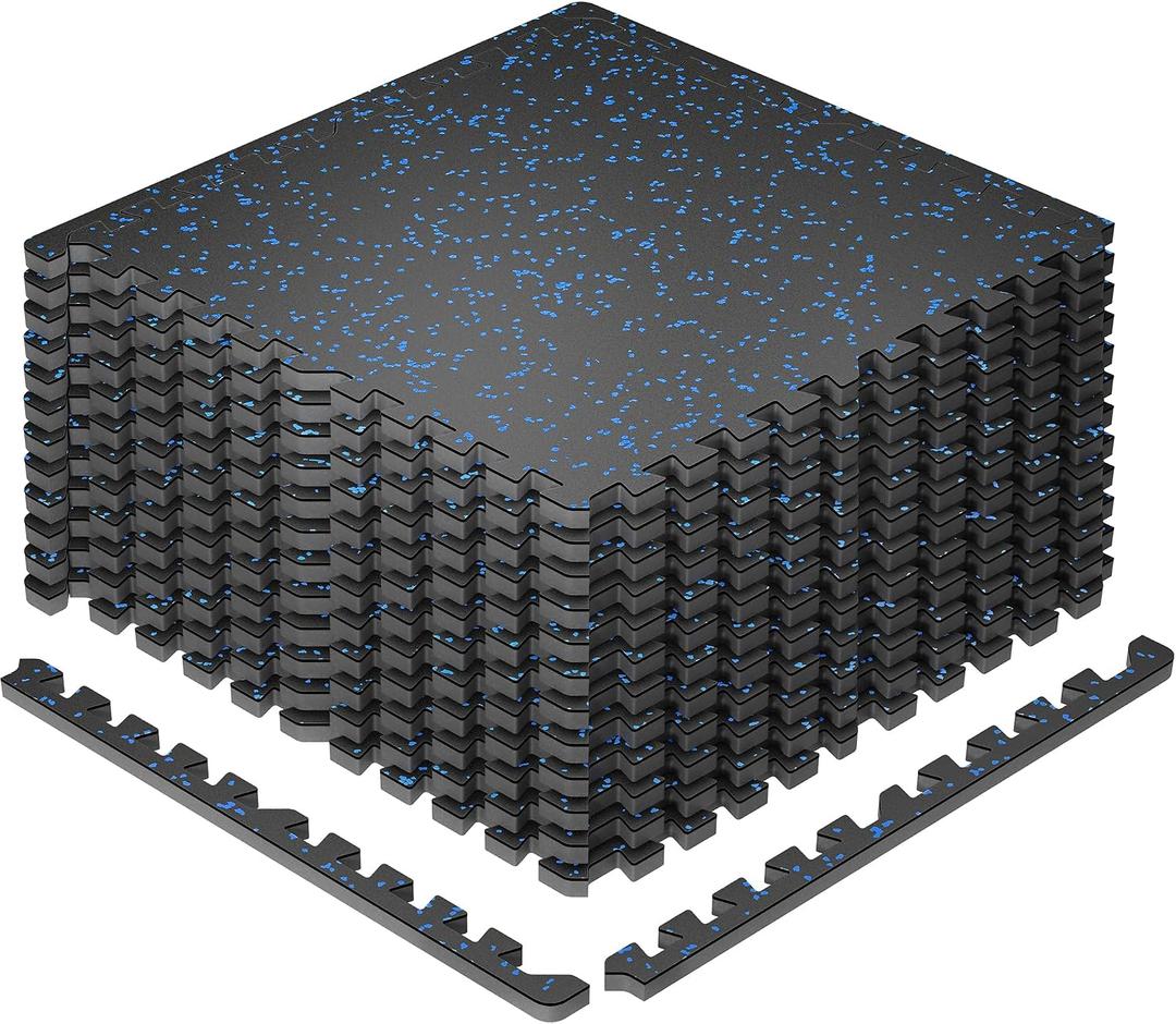 SUPERJARE 0.79'' Extra-Thick Exercise Equipment Mats, 12 Pcs 48 Sq Ft Rubber Top Floor Tiles with High Density EVA Foam, Interlocking Gym Flooring for Home Gym, Workout Mat, Black/Blue