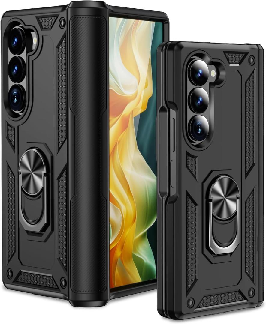 Heavy Duty Case for Samsung Galaxy Z Fold 6 5G Phone Case Military Grade Shockproof Rugged Protective Cover for Samsung Z Fold 6 with Metal Ring Magnetic Kickstand (Black)