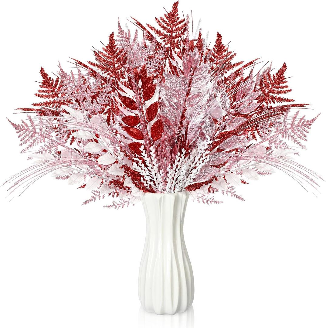 50 Pcs Valentines Picks Decoration 16.9 Inch Red Pink White Valentines Tree Picks and Sprays Glitter Artificial Branch Stems Table Decor for Tree Topper Vase Table Party Decor