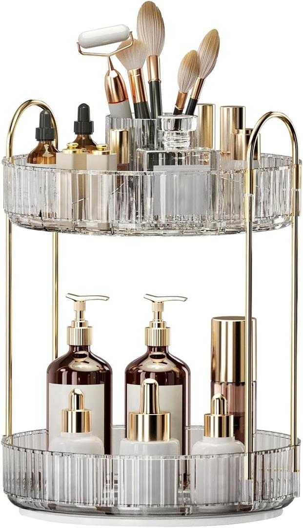 360 Rotating Makeup Organizer, Large-Capacity Skincare Make Up Storage 2 Tier Perfume Organizers Cosmetic Dresser Organizer with Makeup Brush Holder, Fits Bedroom, Bathroom, Vanity Shelf Countertop (Transparent)