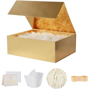 UoeRing 1 Pcs Gold Gift Box 9.5x6x3 inch Small Luxury Gift Box for Presents with Magnetic Lid Collapsible,Birthday,Christmas,Contains Card, Ribbon, Tissue Paper,Shredded Paper Fille