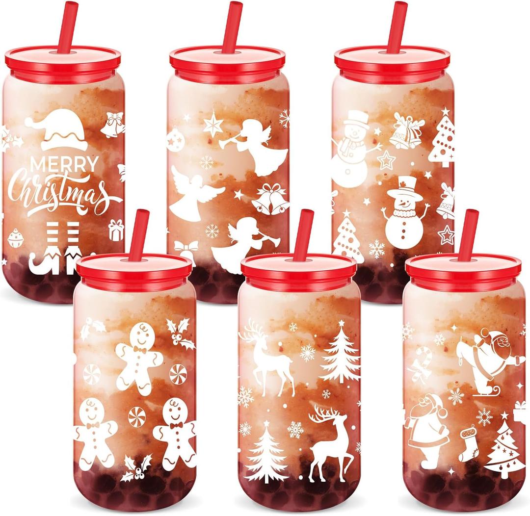 6 Pcs Christmas Gift Cups Reusable 16 oz Acrylic with Lids and Straws Plastic Drinking Tumblers Snowman Santa Claus Gingerbread Ice Coffee Mason Jars for Xmas Party Decor Supplies