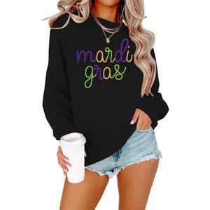 EGELEXY Mardi Gras Sweatshirt Carnival Outfits Women Carnival Embroidery Sweatshirts Fat Tuesday Pullover Tops (Black, XXL)