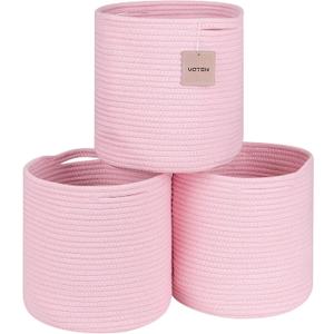 voten Storage Cubes Baskets Bins Organizer 11x11x11'' Fit 12x12''Cube Storage Organizer Bookcases Shelf,Durable Woven Cotton Storage Basket for Organizing,Round 3Pack Pink, L11xW11xH10.7