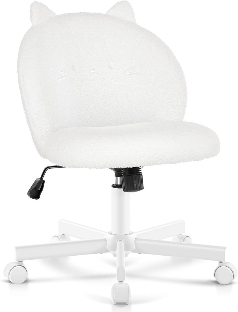 Vanity Chair with Cat Back,Armless Desk Chair Cute Small Office Chair,Teddy Fabric Computer Chair with Adjustable Height,120Tilting,Rolling,Swivel for Vanity,Kids Room,Office,Bedroom White, 17in x 18.1in x 28in