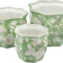 Galt International Green & White Round Fluted Floral Porcelain Ceramic Plant Flower Planter Pot Set of 3 (7.5", 10", 13") Garden Pots Chinese Asian Design