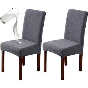 Genina 100% Waterproof Dining Room Chair Covers Set of 2 Stretch Kitchen Chair Covers Parsons Chair Slipcovers for Dining Room Chair Protector Cover, Removable, Washable (Leaf Pattern-Dark Gray)
