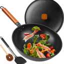 Carbon Steel Wok Pan - 13" Woks & Stir-Fry Pans Nonstick with Spatula: Flat Bottom Wok for Electric, Induction and Gas Stoves