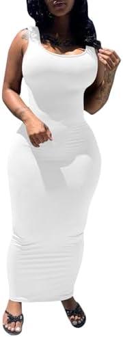PINSV Women's Sexy Bodycon Tank Dress Basic Sleeveless Long Maxi Dresses Party Club Beach Sundresses, S