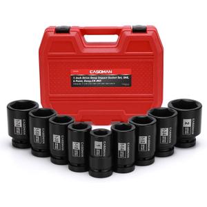 CASOMAN 1-Inch Drive Spindle Axle Nut Impact Socket Set, Deep, 1" to 2", 9PCS Impact Large Socket Set, 6-Point, SAE, CR-MO