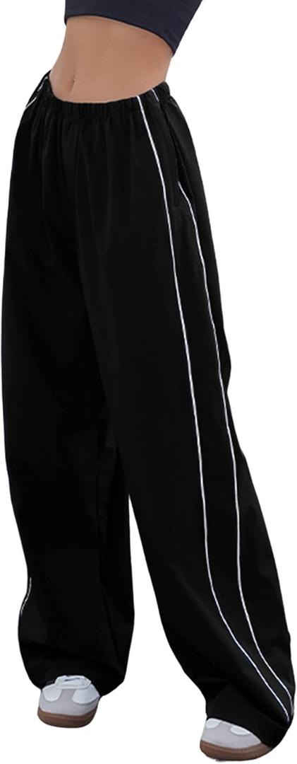 Himosyber Women's Parachute Pants Baggy Elasitc Waist Relaxed Y2K Track Pant Trousers (Black, XS)
