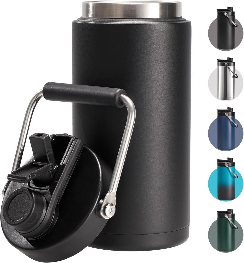 Fijinhom Half Gallon Insulated Water Bottle for Travel: 2-in-1 Straw and Spout Lid, Keep Cold 24Hrs, Leakproof, 64oz Water Jug With Handle, Vacuum Stainless Steel for Sports, Hiking, Trip(Black)