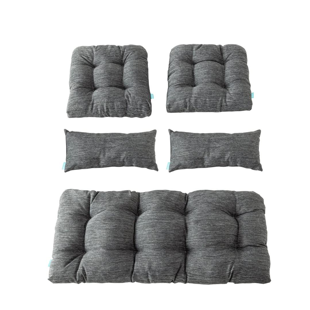 QILLOWAY Outdoor Patio Wicker Seat Cushions Group Loveseat/ Two U-Shape/ Two Lumbar Pillows for Patio Furniture, Wicker Loveseat, Bench, Porch, Settee of 5 (Charcoal Grey/ Black)