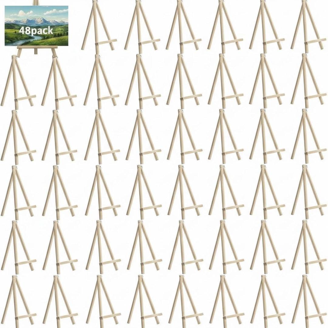 JOVITEC 48 Pack 8 Inch Mini Wood Easel for Painting, Easels Canvas for Art, Crafts, Tripod, Display, Artist Triangle Easels, Tabletop Small Easel Set for Kids and Adults (Wood Color)