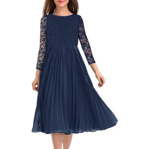 HOSIKA Flower Girl Dress Elegant Vintage Lace 3/4 Sleeve A-Line Pleated Formal Wedding Party Dress (Blue)