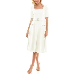 Maison Tara Women's Square Neck Belted Midi Dress with Pockets Size 10 (White)
