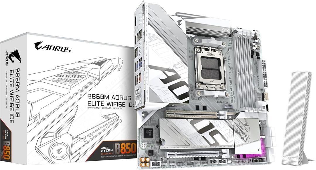 GIGABYTE B850M AORUS Elite WIFI6E ICE Motherboard- AMD Ryzen 9000 Series CPUs, 12+2+1 Phases Digital VRM, up to 8200MHz DDR5 (OC), 1xPCIe 5.0 + 1xPCIe 4.0 M.2, 2.5LAN, WiFi 7, USB 3.2 Gen 2