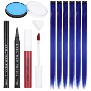 2 x SFX Makeup Kit, Professional Makeup for Sally Costume Corpse Bride Halloween, Light Blue Water-based Face Body Paint, Red Lipstick, Black Eyeliner, Blue Clip-in Hair Extensions, Sponges