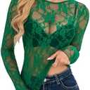 OFEEFAN Womens Mesh Tops Lace Long Sleeve Shirts Crewneck Slim Fitted Outfits See Through Blouses XL