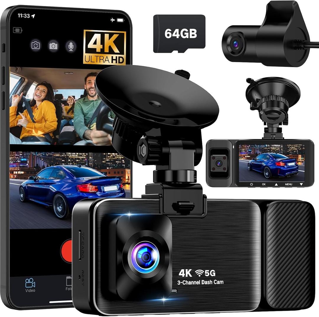 4K Dash Cam Front and Rear Inside, 3 Channel Dash Camera for Cars with 64GB SD Card, 5G WiFi Dash Cam, APP Control, Night Vision, 3" IPS Screen, G-Sensor, Loop Recording, K02 Pro