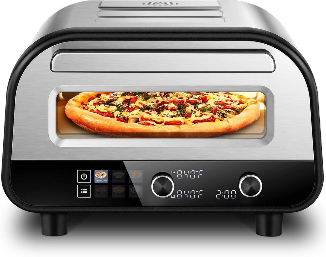 Upgraded Pizza Oven Heats up to 840F Makes 12 Inch Pizzas in 90 Seconds Countertop Electric Pizza Maker with 6 Touchscreen Presets Pizza Stone & Peel Included - Stainless Steel (845F)