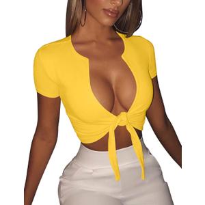 BORIFLORS Women's Sexy Tie Up Crop Top Short Sleeve Deep V Neck Casual Basic T Shirt (Medium, Yellow)