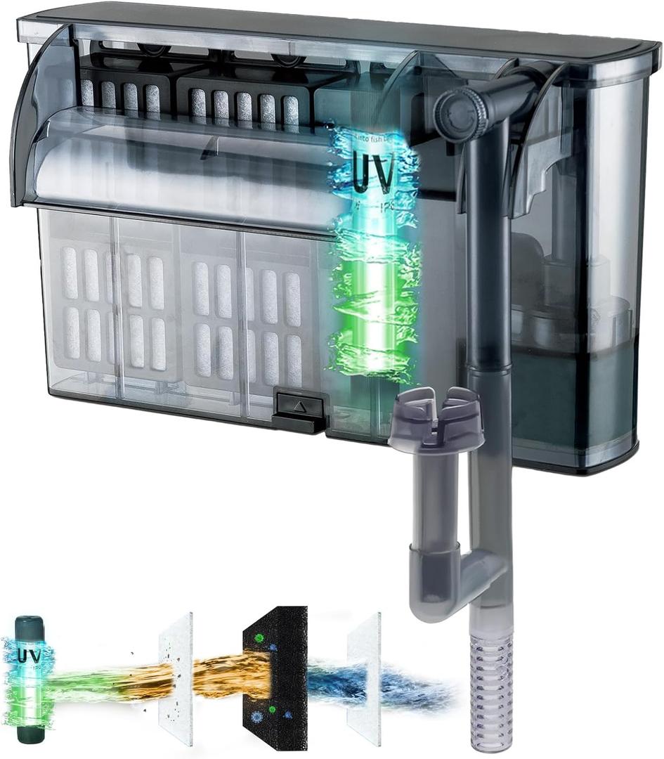 Large Hang on Back Aquarium Filter 264GPH for 40-100 Gal. Fish Tank, w/ U-V Light Surface Skimmer 13-Stage Filtration Suspension Oxygen Deodorization Green Clean Machine Saltwater Freshwater Clear