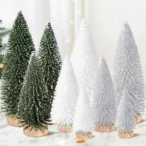 9pcs Mini Christmas Tree Desktop, Artificial Christmas Pine Tree, Mini Bottle Brush Trees Tabletop, Small Sisal Trees with Wooden Bases, Xmas Holiday Decor (Green-Silver-White)