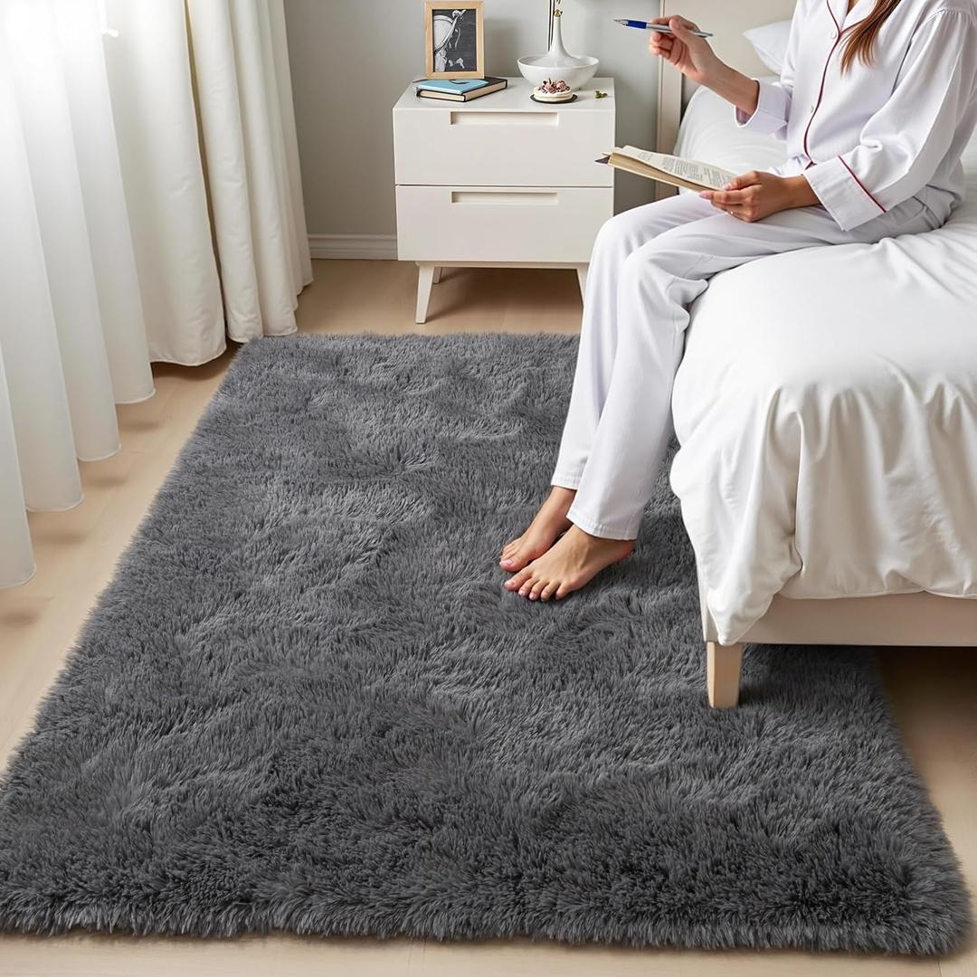 Zentavio Area Rugs for Living Room Small Carpet for Bedroom 3x5 Bedside Washable Soft Fluffy Shag Aesthetic Plush High Pile Throw Rug for Nursery Kids Room Dorm Room Grey