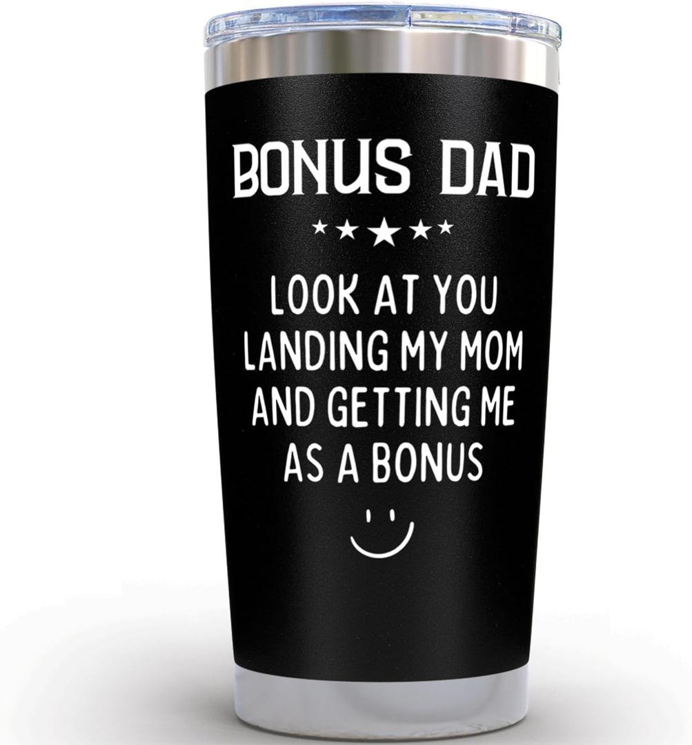 Bonus Dad Gifts from Daughter - Look At You Landing My Mom and Getting Me As a Bonus 20oz Black Tumbler - Stepdaughter Gift for Stepdad Father's Day Gifts from Daughter Funny Birthday Gift for Stepdad