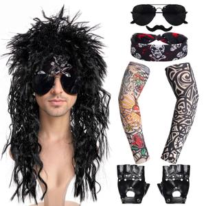 Rocker Costume for Men Punk Accessories Costume Including Disco Wig Headband Sunglasses Tattoo Sleeve Gloves for 70s 80s 90s Punk Rock Party