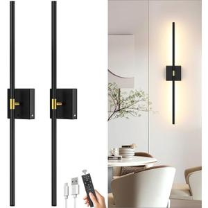 iThird Battery Operated Wall Sconce Set of 2: Rechargeable Wall Lights Wireless Sconces with Touch and Remote, 360 Rotate Magnetic Wall Scone Lighting Decor for Bedroom Living Room Hallway, 31.7Inch (Black)
