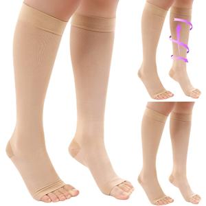 Shellwei 3 Pairs Sheer Compression Socks for Women 20-30mmHg Open Toe Support, Toeless Support Knee High Stockings(Large)