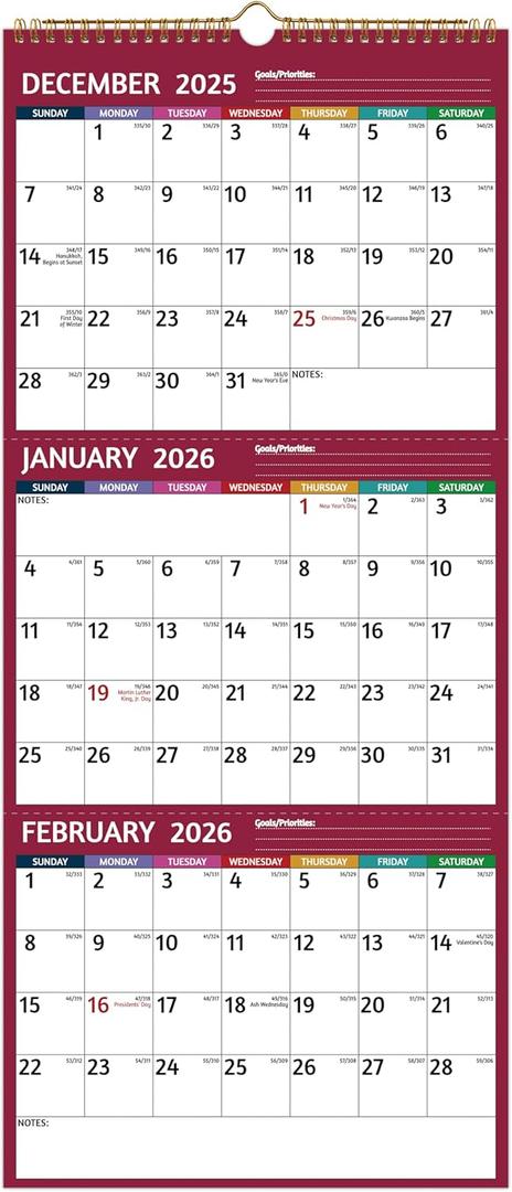 3 x 2026 Wall Calendar - 3 Month Calendar 2026 Vertical, Jan 2026 - Dec 2026, 3 Month Wall Calendar 2026, 11 x 26 In Open, 2026 Calendar with Large Print, Holidays, Thick Paper, Priorities Notes, Red