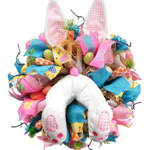 Egolot 16 Inch Easter Bunny Ears Butt Wreath for Front Door, Bunny Thief Carrots Eggs Mesh Deco Wreath for Spring Easter Decoration, Lovely Bunny for Home Decor Porch Door and Wall