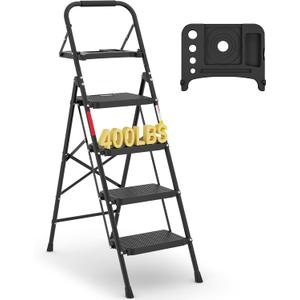 BONTEC 4-Step Ladder, 400lbs Max Load, Folding Step Stool with Tool Tray, Anti-Slip Pedals, Sturdy Steel, Lightweight Portable Ladder with Handrail for Home & Work Use, Black