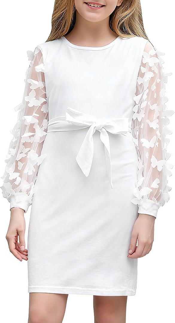 ALISISTER Girls Dresses Mesh Puff Long Sleeve Dress with Butterflies 7-16 Years (13-14 Years, 01 White)