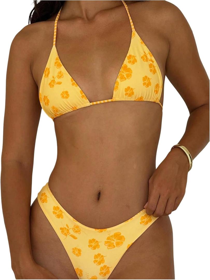 MakeMeChic Women's Halter Triangle Thong Bikini Sets High Cut Swimsuit Bathing Suit Swimwear (Yellow, Small)