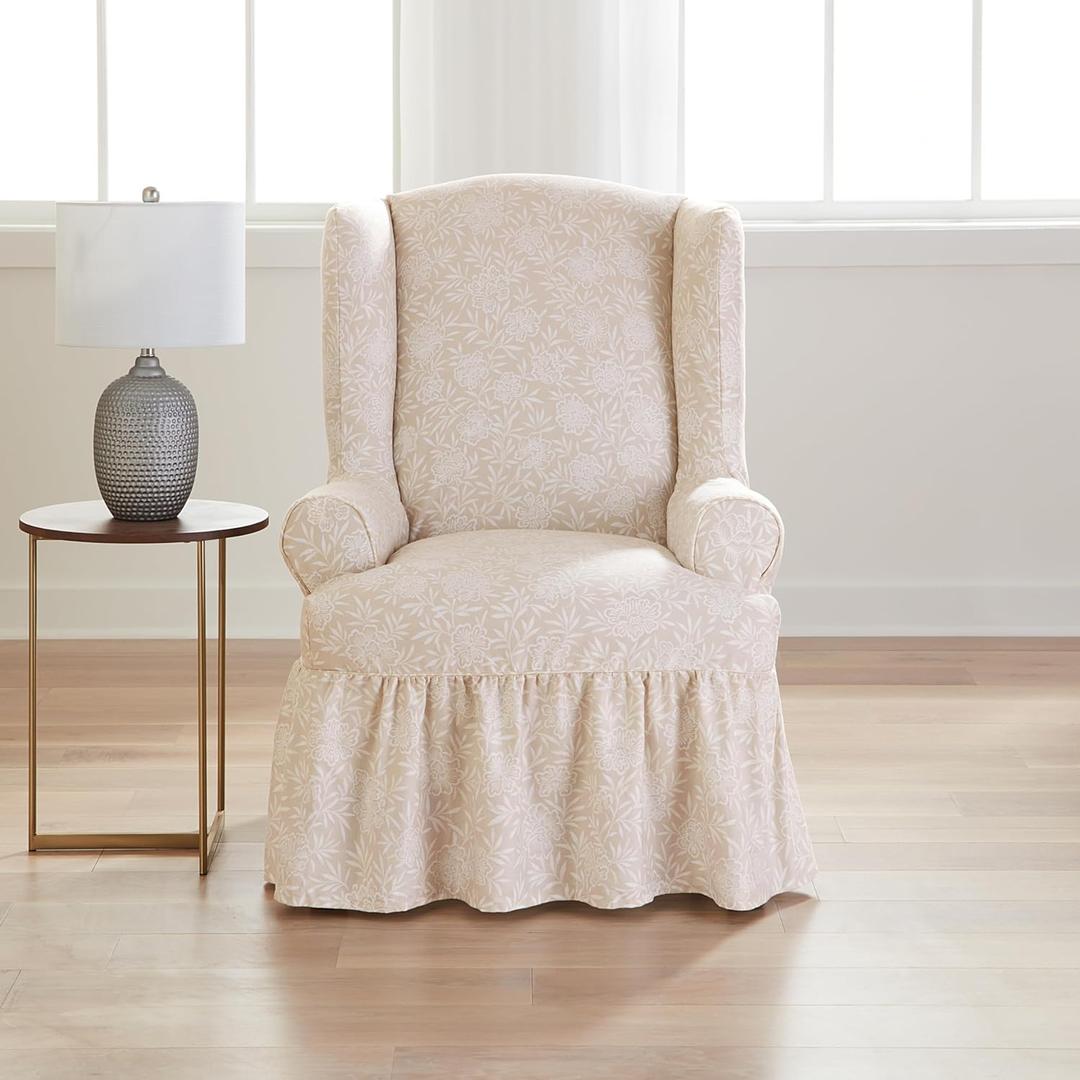 SureFit Essential Twill Ruffled Wingback Chair Slipcover, Wing Chair Cover with Cotton Printed One-Piece Design and Ruffled Skirt, Machine Washable Wingback Chair Cover, Neutral Floral