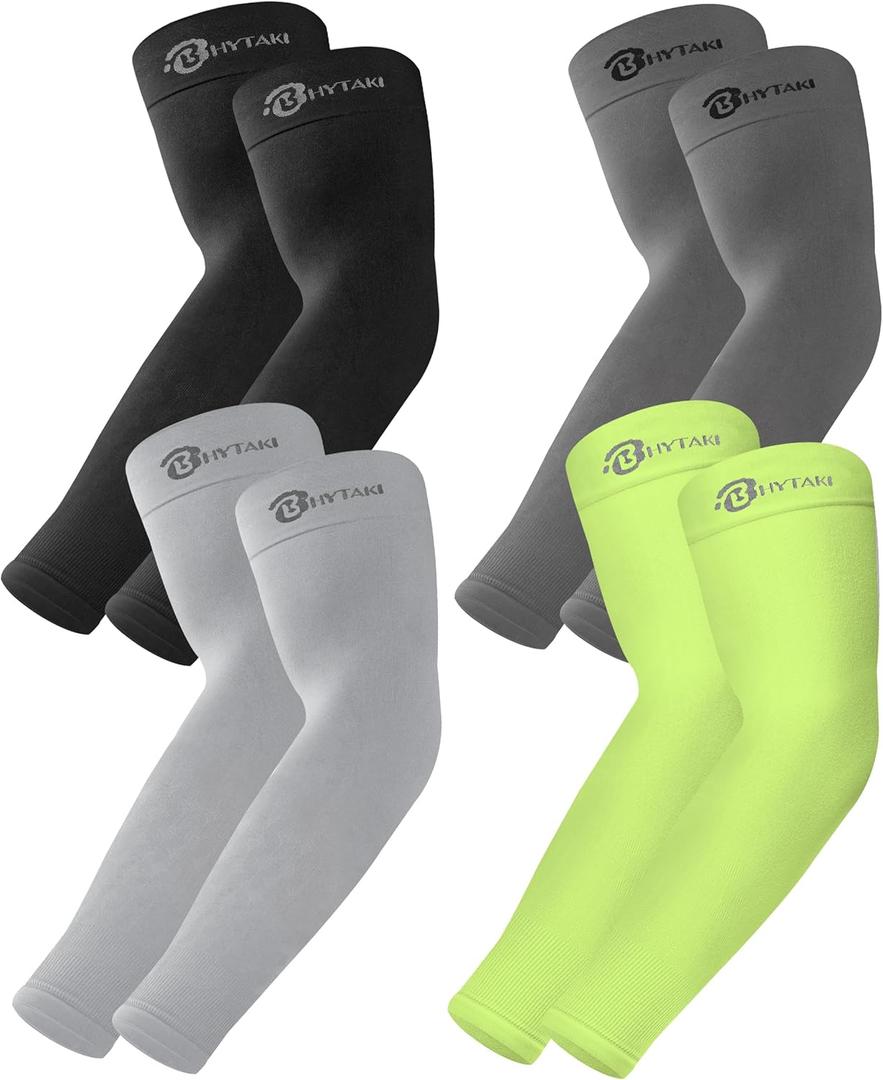 BHYTAKI UV Sun Protection Arm Sleeves, UPF 50 Sports Cooling Arm Compression Sleeves for Men Women Teenager (1 Black+1 Dark Gray+1 Light Gray+1 Fluorescenct Green)