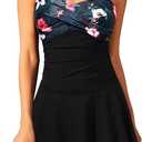 Aqua Eve One Piece Swim Dress Tummy Control Swimsuit with Skirt Modest Bathing Suit Vintage Swimdress Large, Black Floral 